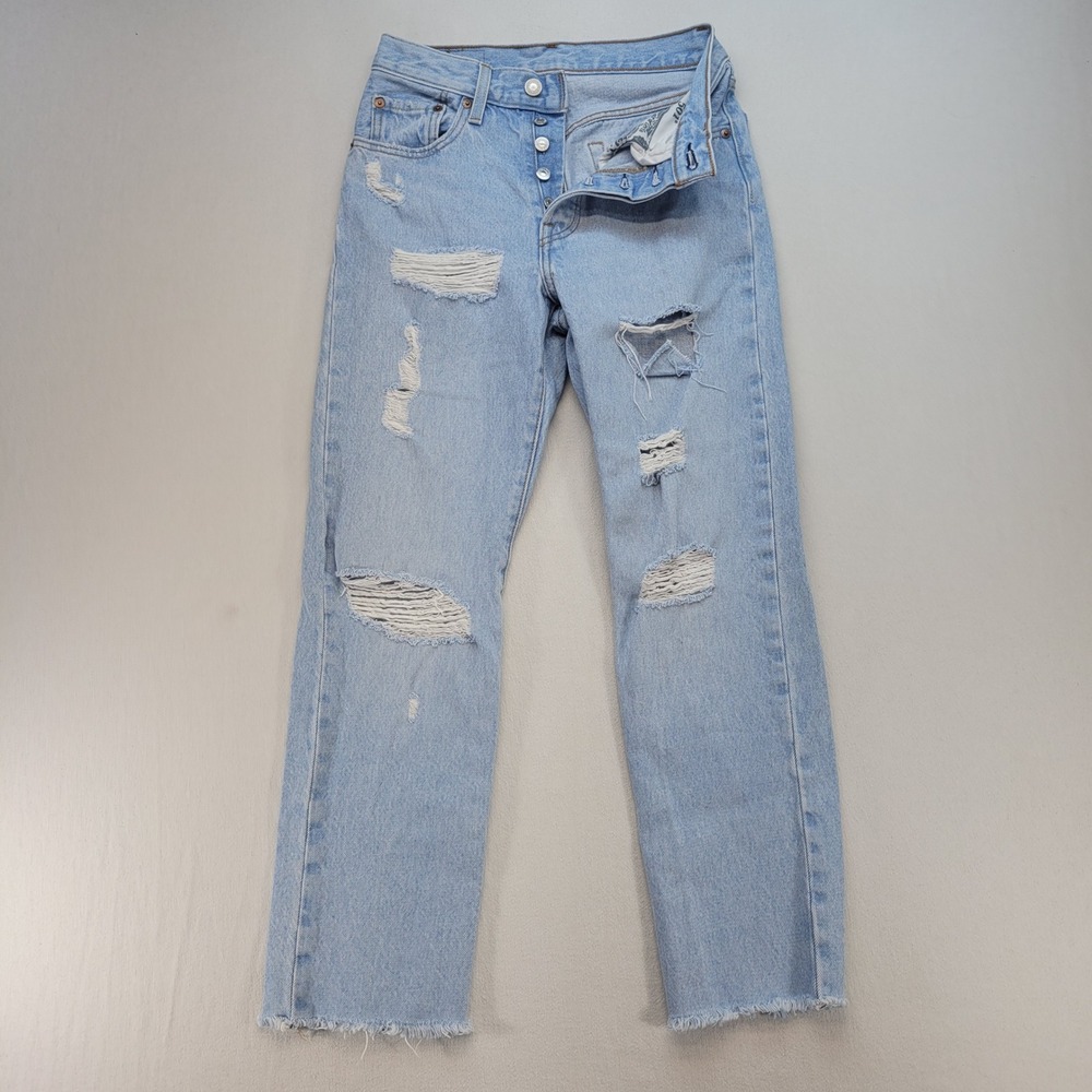 Levi's 501 Original Fit Jeans Womens 24 Blue Light Distressed Raw Hem Straight